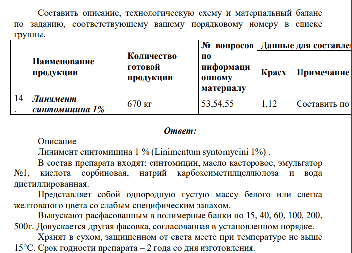 Составить описание, технологическую схему и материальный баланс по заданию, соответствующему вашему порядковому номеру в списке группы.