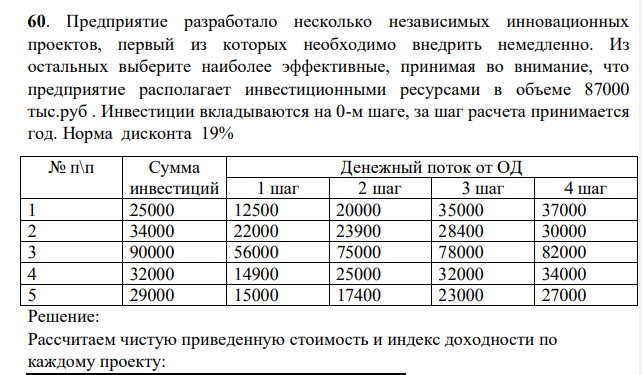 Предприятие разработало несколько независимых инновационных проектов, первый из которых необходимо внедрить немедленно. Из остальных выберите наиболее эффективные, принимая во внимание, что предприятие располагает инвестиционными ресурсами в объеме 87000 тыс.руб