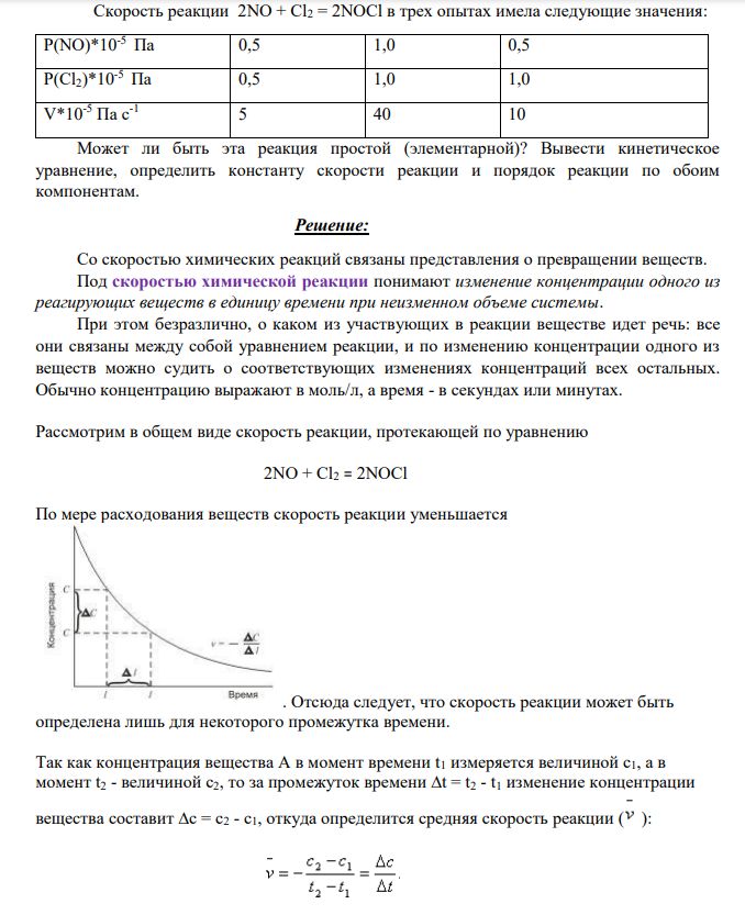 Скорость реакции 2NO + Cl2 = 2NOCl в трех опытах имела следующие значения: P(NO)*10-5 Па 0,5 1,0 0,5 P(Cl2)*10-5 Па 0,5 1,0 1,0 V*10-5 Па с-1 5 40 10 Может ли быть эта реакция простой (элементарной)? Вывести кинетическое уравнение, определить константу скорости реакции и порядок реакции по обоим компонентам.