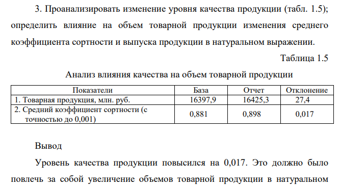 Проанализировать изменение уровня качества продукции (табл. 1.5); определить влияние на объем товарной продукции изменения среднего коэффициента сортности и выпуска продукции в натуральном выражении. Таблица 1.5