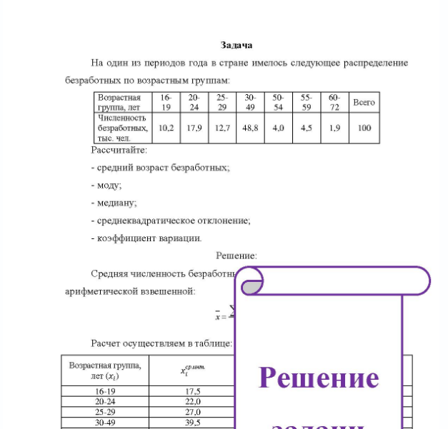 Задача На один из периодов года в стране имелось следующее распределение безработных по возрастным группам: Возрастная 16- 20- 30- 50- 55- группа, пет 19 49 54 59 Численность безработных, 10,2 17,9 12,7 48,8 4,0 4,5 1,9 тыс. чел Рассчитайте: 60- Всего 100 - средний возраст безработных; - моду; - медиану; - среднеквадратическое отклонение; - коэффициент вариации.