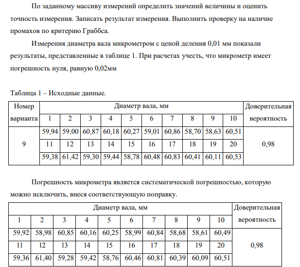 По заданному массиву измерений определить значений величины и оценить точность измерения. Записать результат измерения. Выполнить проверку на наличие промахов по критерию Граббса.
