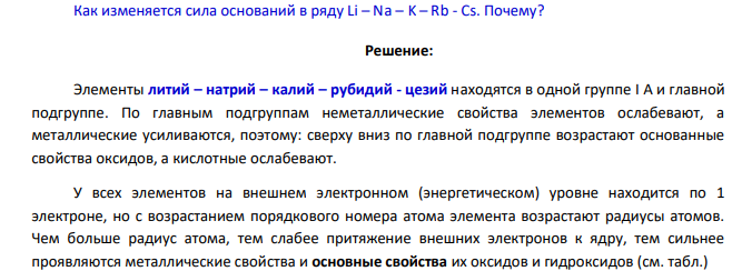 Как изменяется сила оснований в ряду Li – Na – K – Rb - Cs. Почему?