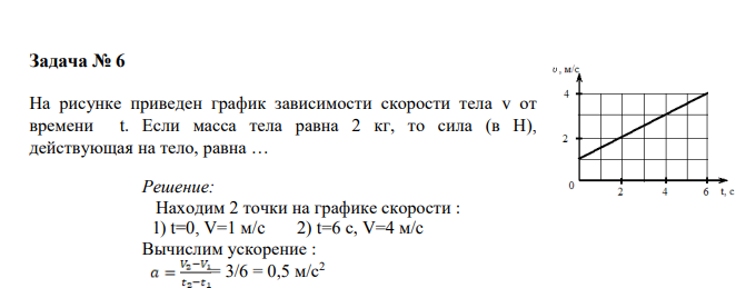 На рисунке приведен график зависимости скорости тела v от времени t. Если масса тела равна 2 кг, то сила (в Н), действующая на тело, равна …