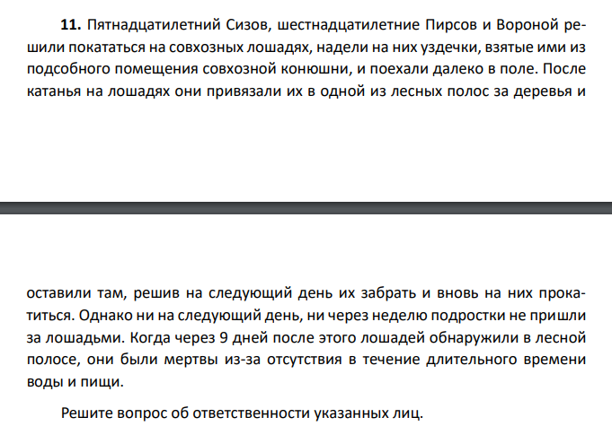 Пятнадцатилетний Сизов, шестнадцатилетние Пирсов и Вороной решили покататься на совхозных лошадях, надели на них уздечки, взятые ими из подсобного помещения совхозной конюшни, и поехали далеко в поле. После катанья на лошадях они привязали их в одной из лесных полос за деревья и оставили там, решив на следующий день их забрать и вновь на них прокатиться.