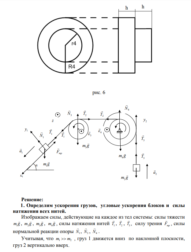 Система, показанная на рисунках 1-5, состоит из следующих элементов. Грузы массами m1 и m2 движутся поступательно. К грузам прикреплены невесомые нерастяжимые нити, перекинутые или намотанные на блоки массами m3 и m4, которые могут без трения вращаться вокруг горизонтальных осей.