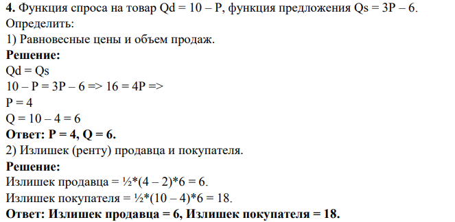 Функция спроса на товар Qd = 10 – Р, функция предложения Qs = 3Р – 6.