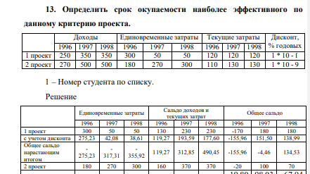 Определить срок окупаемости наиболее эффективного по данному критерию проекта. Доходы Единовременные затраты