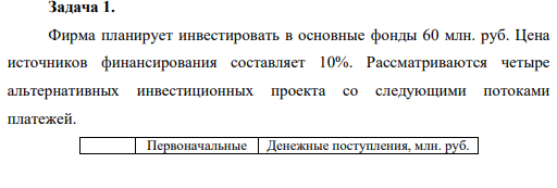 Фирма планирует инвестировать в основные фонды 60 млн. руб. Цена источников финансирования составляет 10%. Рассматриваются четыре альтернативных инвестиционных проекта со следующими потоками платежей.