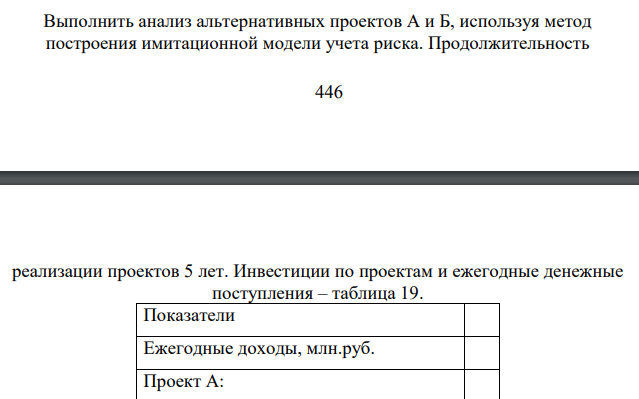 Выполнить анализ альтернативных проектов А и Б, используя метод построения имитационной модели учета риска. Продолжительность реализации проектов 5 лет. Инвестиции по проектам и ежегодные денежные поступления – таблица 19