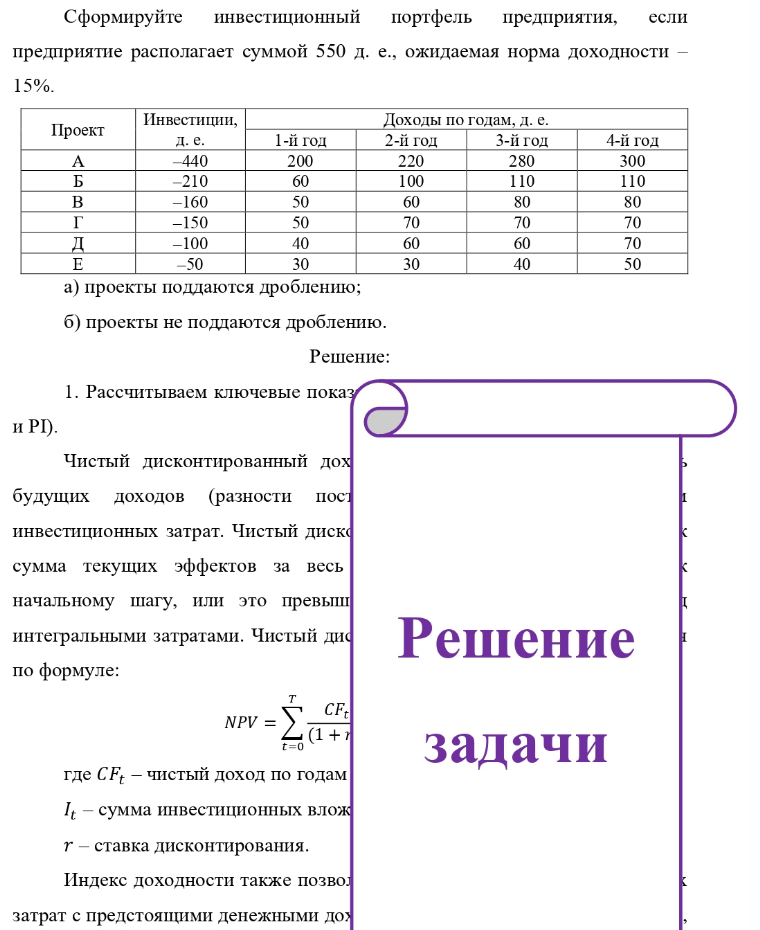 Сформируйте инвестиционный портфель предприятия, если предприятие располагает суммой 550 д. е., ожидаемая норма доходности - 15%. Проект Б Инвестиции, д. е. -440 -210 -160 -150 -100 -50 1-й год 200 60 50 50 40 30 Доходы по годам, д. е. 2-й год 3-й год 220
