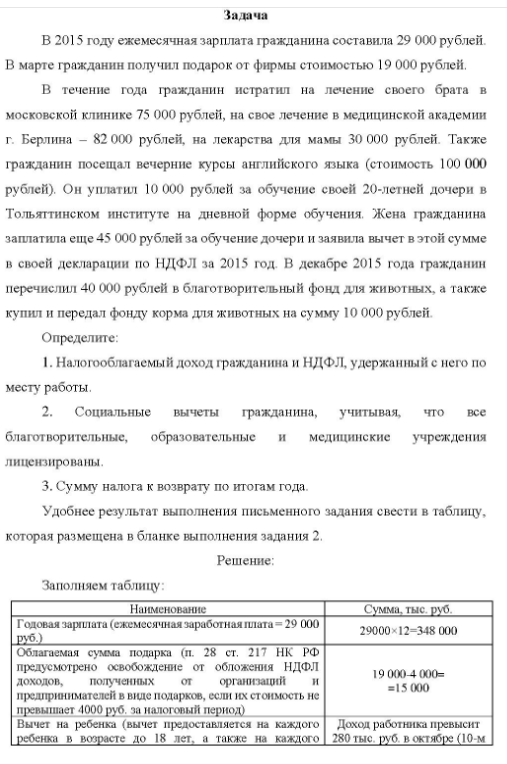 В 2015 году ежемесячная зарплата гражданина составила 29 000 рублей. В марте гражданин получил подарок от фирмы стоимостью 19 000 рублей. В течение года гражданин истратил на лечение своего брата в московской клинике 75 000 рублей, на свое лечение в медицинской академии г. Берлина - 82 000 рублей,