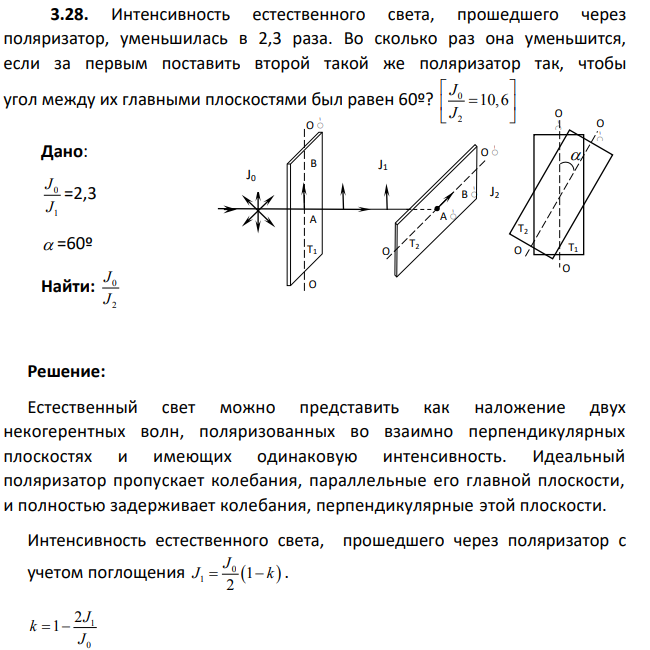 Интенсивность естественного света, прошедшего через поляризатор, уменьшилась в 2,3 раза. Во сколько раз она уменьшится, если за первым поставить второй такой же поляризатор так, чтобы угол между их главными плоскостями был равен 60º?