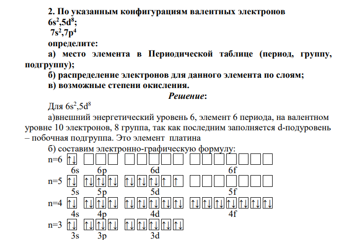 По указанным конфигурациям валентных электронов 6s2 ,5d8 ; 7s2 ,7p4 определите: а) место элемента в Периодической таблице (период, группу, подгруппу); б) распределение электронов для данного элемента по слоям; в) возможные степени окисления.