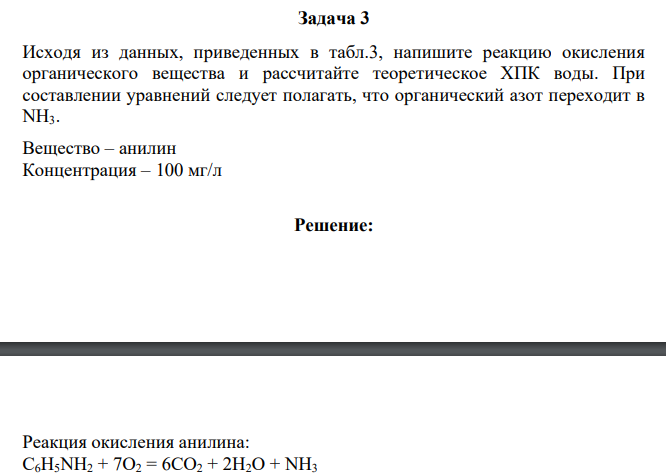 Исходя из данных, приведенных в табл.3, напишите реакцию окисления органического вещества и рассчитайте теоретическое ХПК воды. При составлении уравнений следует полагать, что органический азот переходит в NH3.