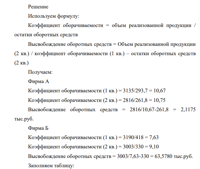 На основании данных двух конкурирующих фирм в I и во II кварталах определить, какая фирма эффективнее использует оборотные средства посредством расчета суммы высвобождаемых оборотных средств.