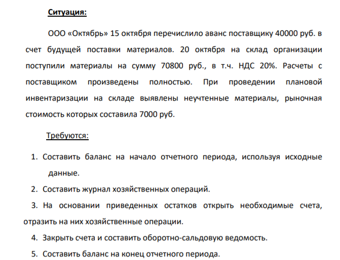 ООО «Октябрь» 15 октября перечислило аванс поставщику 40000 руб. в счет будущей поставки материалов. 20 октября на склад организации поступили материалы на сумму 70800 руб., в т.ч. НДС 20%.