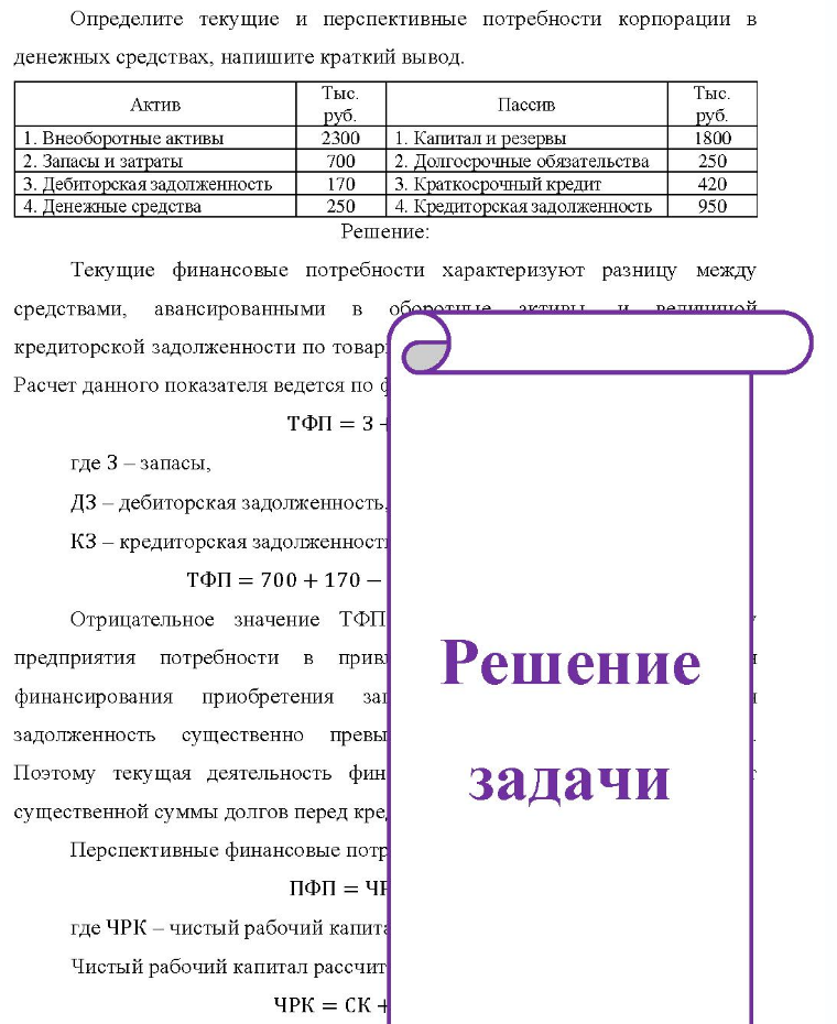 Определите текущие и перспективные потребности корпорации в денежных средствах, напишите краткий вывод. Актив 1. Внеоборотные активы 2. Запасы и затраты 3. Дебиторская задолженность 4. Денежные средства Тыс. Пассив руб. 2300 1.