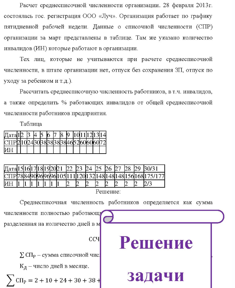 Расчетт среднесписочной численности организации. 28 февраля 2013г. состоялась гос. регистрация ООО «Луч». Организация работает по графику пятидневной рабочей недели. Данные о списочной численности (СПР) организации за март представлены в таблице. Там