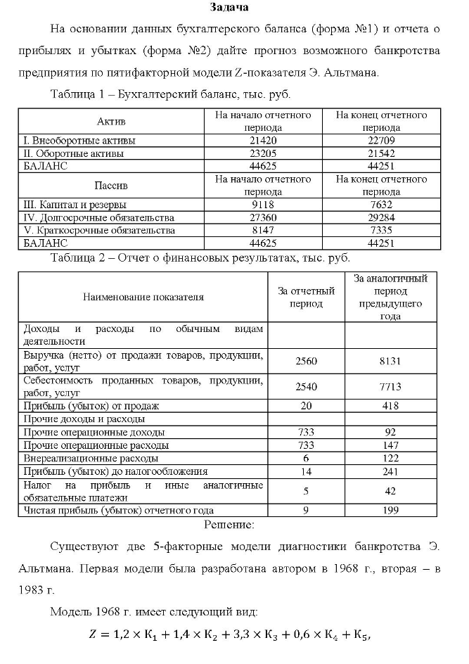 Задача На основании данных бухгалтерского баланса (форма №1) и отчета о прибылях и убытках (форма №2) дайте прогноз возможного банкротства предприятия по пятифакторной модели Z-показателя Э. Альтмана.