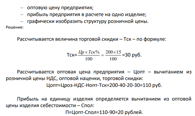 Исходные данные: – розничная цена изделия – 200 руб.; – налог на добавленную стоимость – 40 руб.; – наценка посреднической организации – 20 руб.; – торговая скидка – 15% к розничной цене; – полная себестоимость изделия – 90 000 руб.