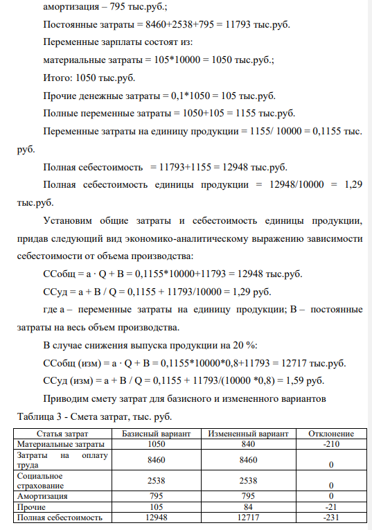 Оценка последствий влияния негативных моментов на производство Выработать смету затрат (сгруппировать расходы по компонентам). Определить себестоимость на полный объем, а также на единицу продукции