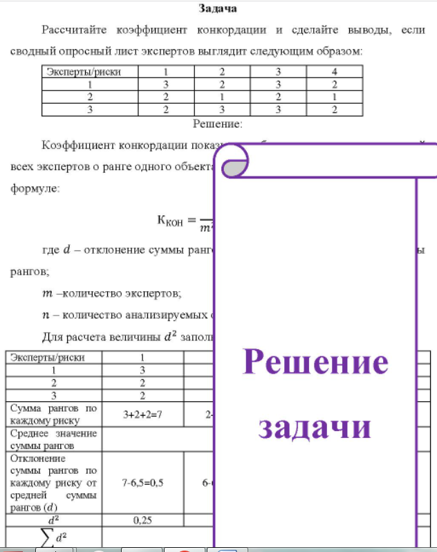 Рассчитайте коэффициент конкордации и сделайте выводы, если сводный опросный лист экспертов выглядит следующим образом: Эксперты/риски
