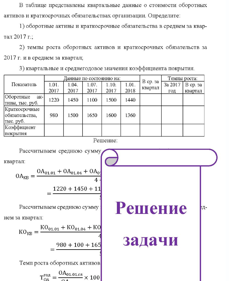 В таблице представлены квартальные данные о стоимости оборотных активов и краткосрочных обязательствах организации. Определите: 1) оборотные активы и краткосрочные обязательства в среднем за квар- тал 2017 г.; 2) темпы роста оборотных активов и краткосрочных обязательств за 2017