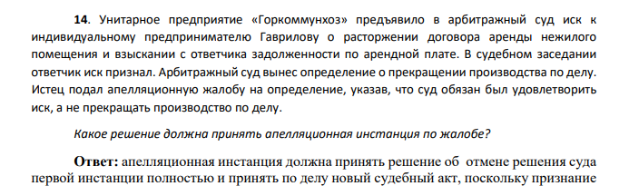 Унитарное предприятие «Горкоммунхоз» предъявило в арбитражный суд иск к индивидуальному предпринимателю Гаврилову о расторжении договора аренды нежилого помещения и взыскании с ответчика задолженности по арендной плате. В судебном заседании ответчик иск признал.