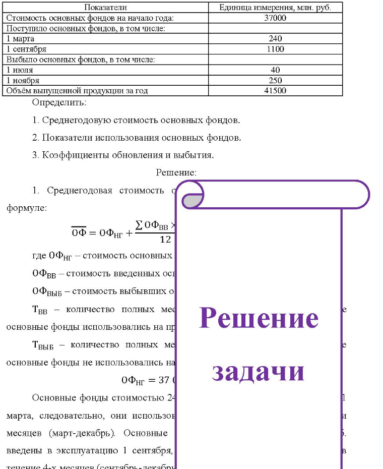 Показатели Единица измерения, млн. руб. Стоимость основных фондов на начало года: Поступило основных фондов, в том числе: 1 марта 1 сентября Выбыло основных фондов, в том числе: 1 июля 1 ноября Объём выпущенной продукции за год 37000 240