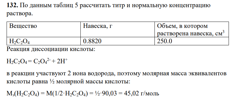 По данным таблиц 5 рассчитать титр и нормальную концентрацию раствора. Вещество Навеска, г Объем, в котором растворена навеска, см3 H2C2O4 0.8820 250.0