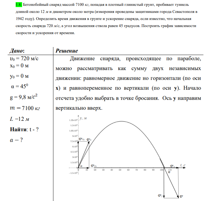 Бетонобойный снаряд массой 7100 кг, попадая в плотный глинистый грунт, пробивает туннель длиной около 12 м и диаметром около метра (измерения проведены защитниками города Севастополя в 1942 году). Определить время движения в грунте и ускорение снаряда, если известно, что начальная скорость снаряда 720 м/с, а угол возвышения ствола равен 45 градусов.