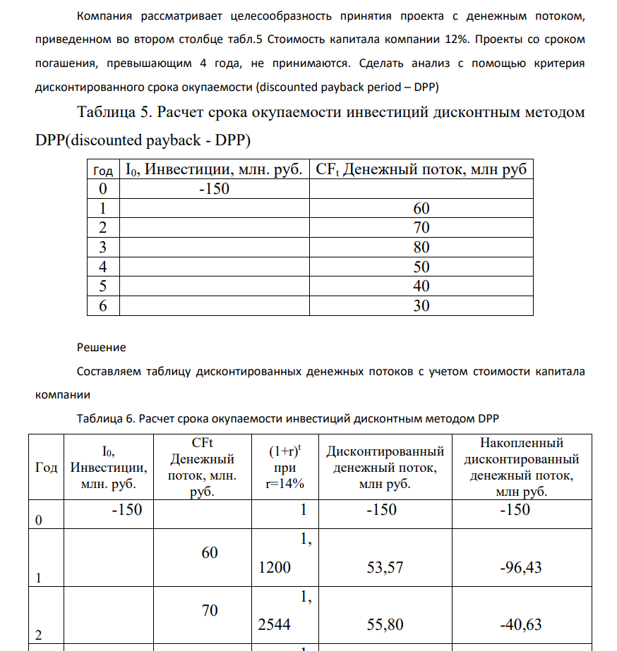 Компания рассматривает целесообразность принятия проекта с денежным потоком, приведенном во втором столбце табл.5 Стоимость капитала компании 12%. Проекты со сроком погашения, превышающим 4 года, не принимаются.