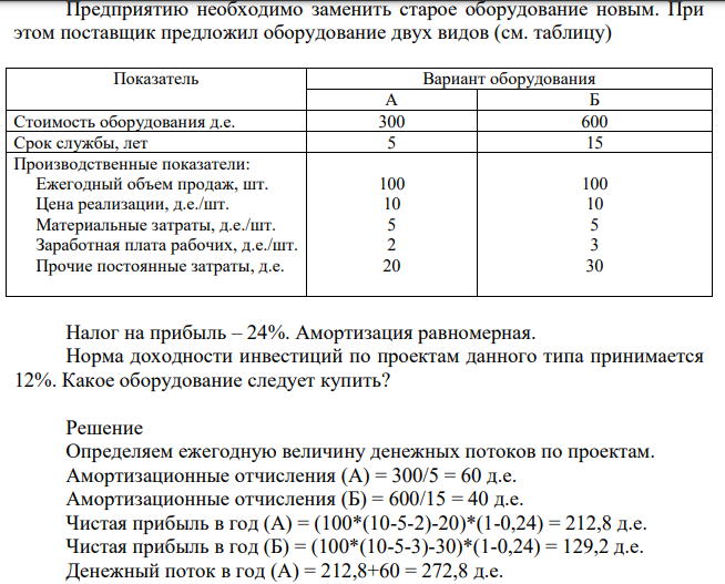 Предприятию необходимо заменить старое оборудование новым. При этом поставщик предложил оборудование двух видов (см. таблицу) Показатель Вариант оборудования А Б Стоимость оборудования д.е. 300 600 Срок службы, лет 5