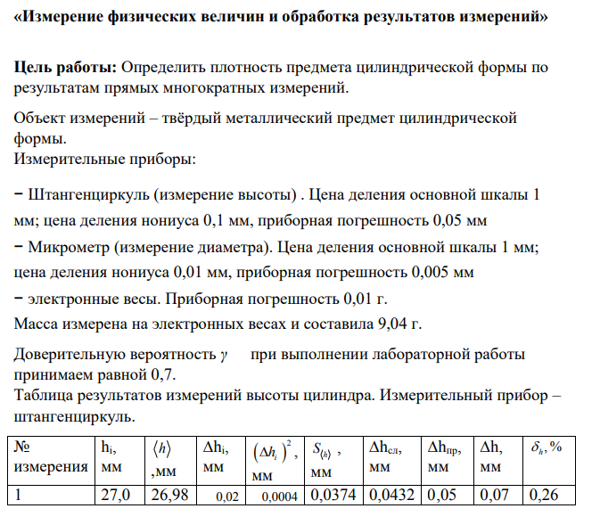 Измерение физических величин и обработка результатов измерений» Цель работы: Определить плотность предмета цилиндрической формы по результатам прямых многократных измерений. Объект измерений – твёрдый металлический предмет цилиндрической формы.