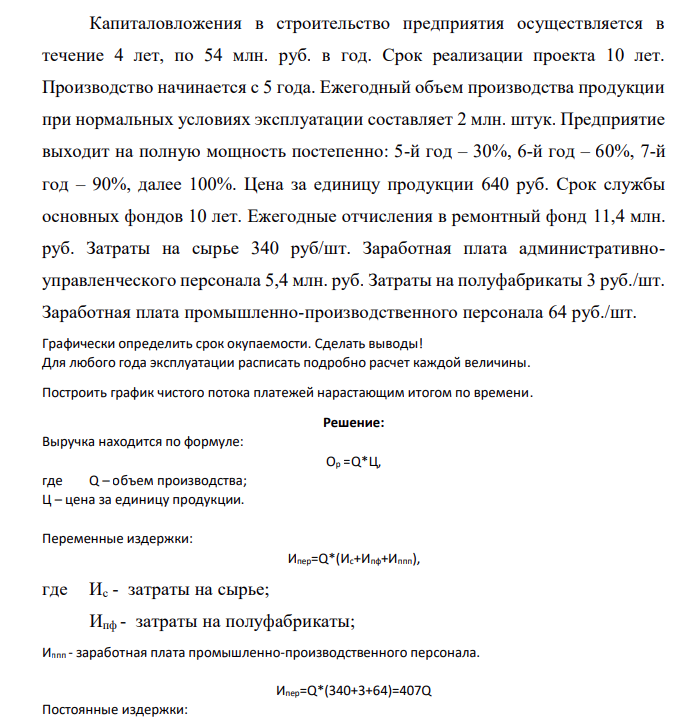 Капиталовложения в строительство предприятия осуществляется в течение 4 лет, по 54 млн. руб. в год. Срок реализации проекта 10 лет. Производство начинается с 5 года. Ежегодный объем производства продукции при нормальных условиях эксплуатации составляет 2 млн. штук. Предприятие выходит на полную мощность постепенно: 5-й год – 30%, 6-й год – 60%, 7-й год – 90%, далее 100%.