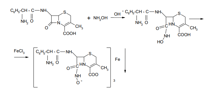 Напишите схемы реакций образования гидроксаматов меди и железа для цефалексина и цефалотина. На каких свойствах фармацевтических субстанций основана эта реакция?