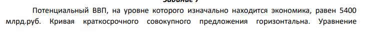 Потенциальный ВВП, на уровне которого изначально находится экономика, равен 5400 млрд.руб. Кривая краткосрочного совокупного предложения горизонтальна.