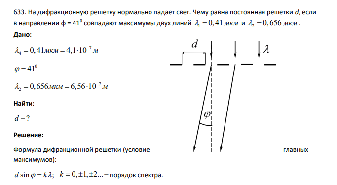 На дифракционную решетку нормально падает свет. Чему равна постоянная решетки d, если в направлении φ = 410 совпадают максимумы двух линий 1 0,41 мкм и 2 0,656 мкм. Дано: 7 4 0,41 4,1 10 мкм м 0 41 7 2 0,656 6,56 10 мкм м Найти: d ?