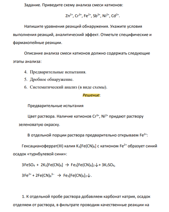 Приведите схему анализа смеси катионов: Zn2+, Cr3+, Fe2+, Sb3+, Ni2+, Cd2+ .