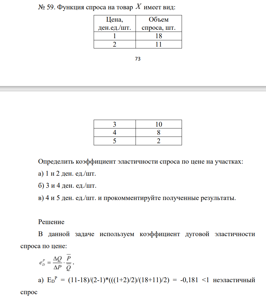 Функция спроса на товар имеет вид: Цена, ден.ед./шт. Объем спроса, шт. 1 18 2 11 74 3 10 4 8 5 2 Определить коэффициент эластичности спроса по цене на участках: а) 1 н 2 ден. ед./шт. б) 3 и 4 ден. ед./шт. в) 4 и 5 ден. ед./шт. и прокомментируйте полученные результаты.