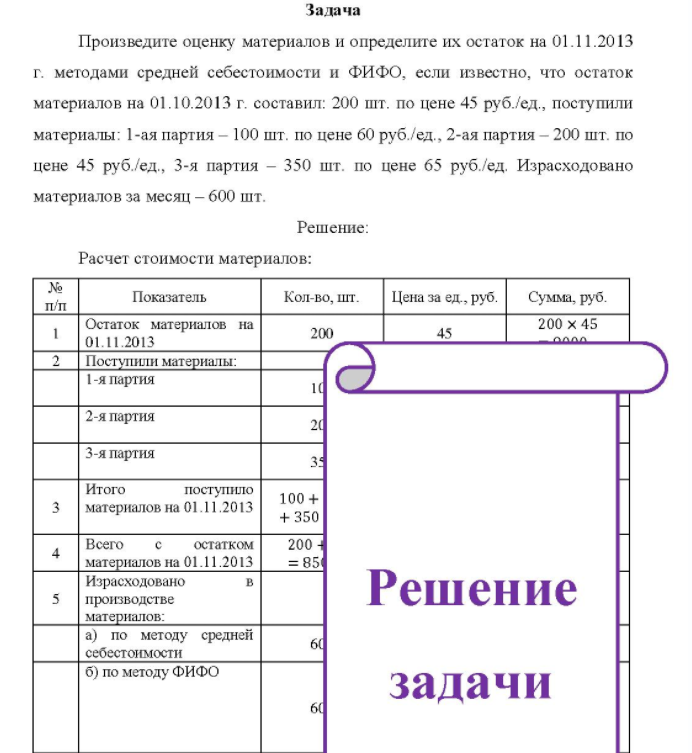 Произведите оценку материалов и определите их остаток на 01.11.2013 г. методами средней себестоимости и ФИФО, если известно, что остаток материалов на 01.10.2013 г. составил: 200 шт. по цене 45 руб. /ед., поступили материалы: 1-ая партия - 100 шт. по цене 60 руб. /ед., 2-ая партия - 200 шт. по цене 45 руб. /ед., 3-я партия - 350 шт. по цене 65 руб. /ед. Израсходовано материалов за месяц - 600 шт.