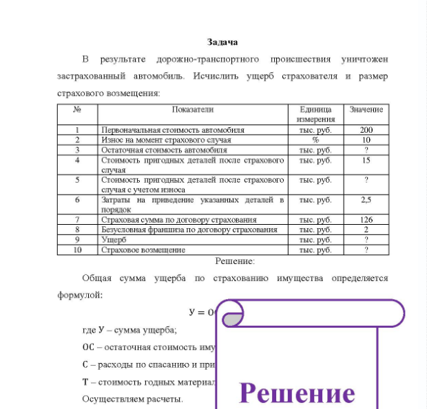 Задача B результате дорожно-транспортного происшествия уничтожен застрахованный автомобиль. Исчислить ущерб страхователя и размер страхового возмещения: 10 Показатели Единица измерения тыс. руб. Первоначальная стоимость автомобиля