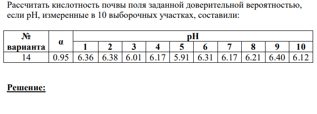 Рассчитать кислотность почвы поля заданной доверительной вероятностью, если рН, измеренные в 10 выборочных участках, составили: № варианта α рН 1 2 3 4 5 6 7 8 9 10 14 0.95 6.36 6.38 6.01 6.17 5.91 6.31 6.17 6.21 6.40 6.12