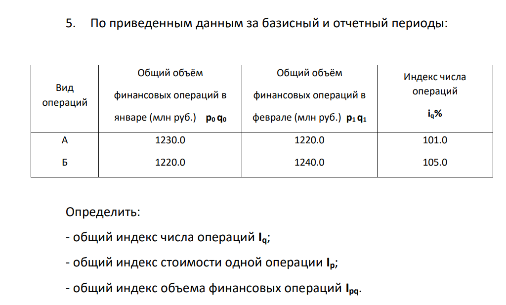 По приведенным данным за базисный и отчетный периоды: Вид операций Общий объём финансовых операций в январе (млн руб.) p0 q0 Общий объём финансовых операций в феврале (млн руб.) p1 q1 Индекс числа операций iq% А Б 1230.0 1220.0 1220.0 1240.0 101.0 105.0