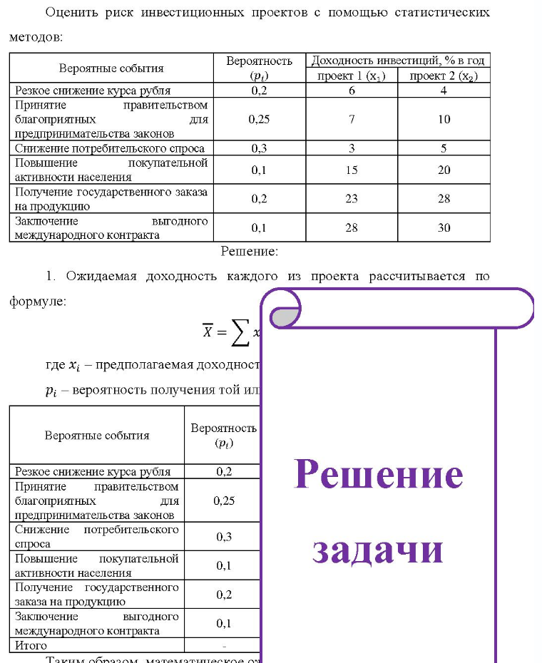 Оценить риск инвестиционных проектов с помощью статистических методов: Вероятные события Резкое снижение курса рубля Принятие правительством благоприятных для предпринимательства законов Снижение потребительского спроса Повышение покупательной активности населения Пол Получение