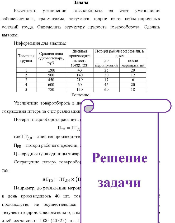 Задача Расечитать увеличение товарооборота за счет уменьпения заболеваемости, травматизма, текучести кадров из-за неблагоприятных условий труда. Определить структуру прироста товарооборота.