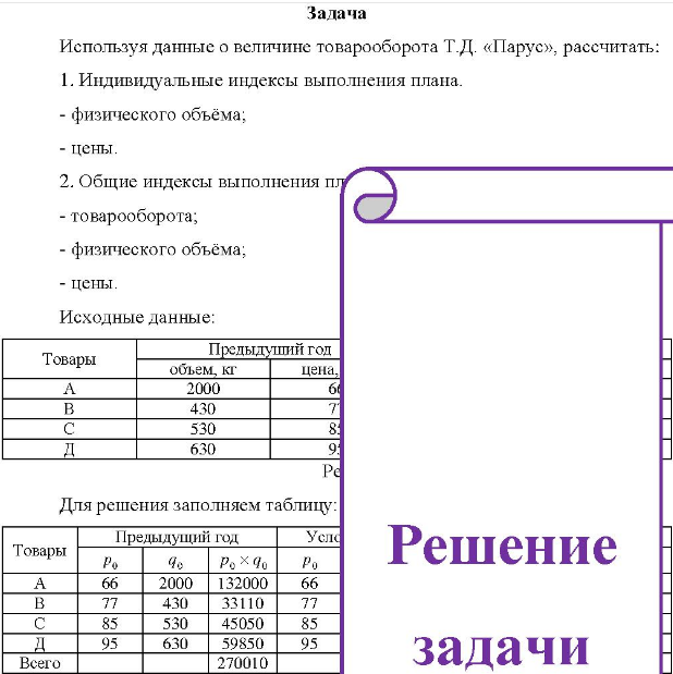 Используя данные о величине товарооборота Т.Д. «Парус», рассчитать: 1. Индивидуальные индексы выполнения плана. - физического объёма; - цены. 2. Общие индексы выполнения пл - товарооборота; - физического объёма; - цены.