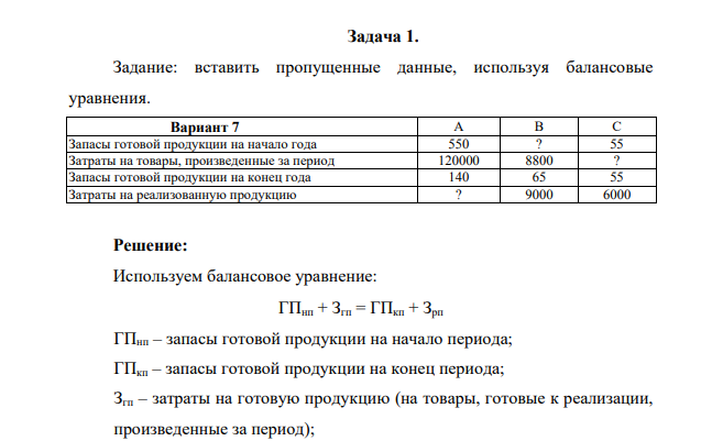 Задание: вставить пропущенные данные, используя балансовые уравнения. Вариант 7 А В С Запасы готовой продукции на начало года 550 ? 55 Затраты на товары, произведенные за период 120000 8800 ?