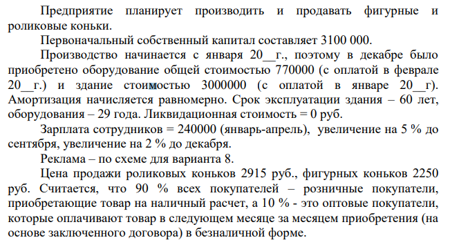 Предприятие планирует производить и продавать фигурные и роликовые коньки. Первоначальный собственный капитал составляет 3100 000. Производство начинается с января 20__г., поэтому в декабре было приобретено оборудование общей стоимостью 770000 (с оплатой в феврале 20__г.) и здание стоимостью 3000000 (с оплатой в январе 20__г).